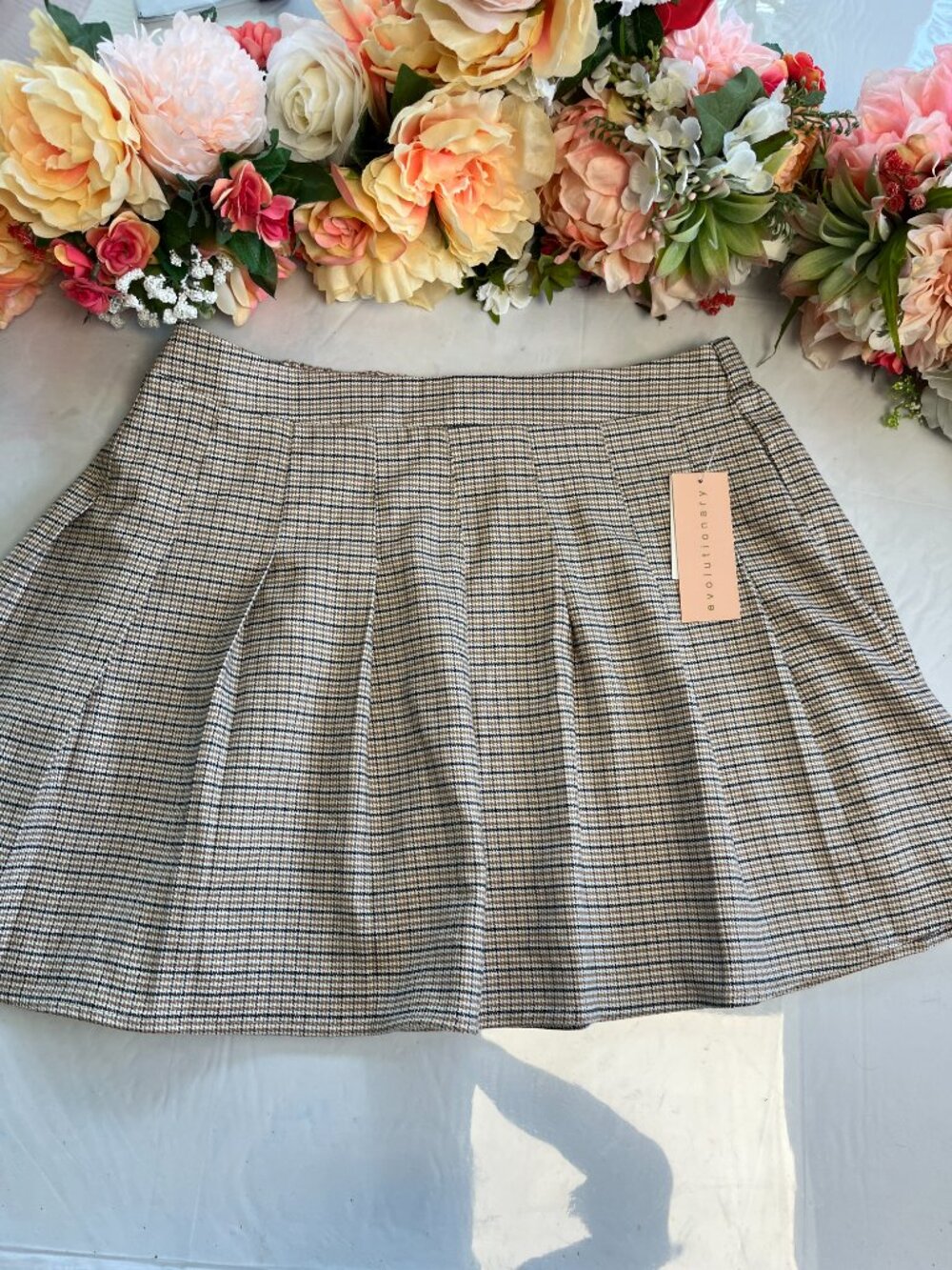 Evolutionary Plaid Pull On Mini Skirt Taupe Brown Houndstooth XL NWT Stretch - Picture 2 of 7